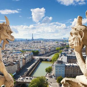 Famous gargoyles of Notre Dame overlooking Paris (compos)